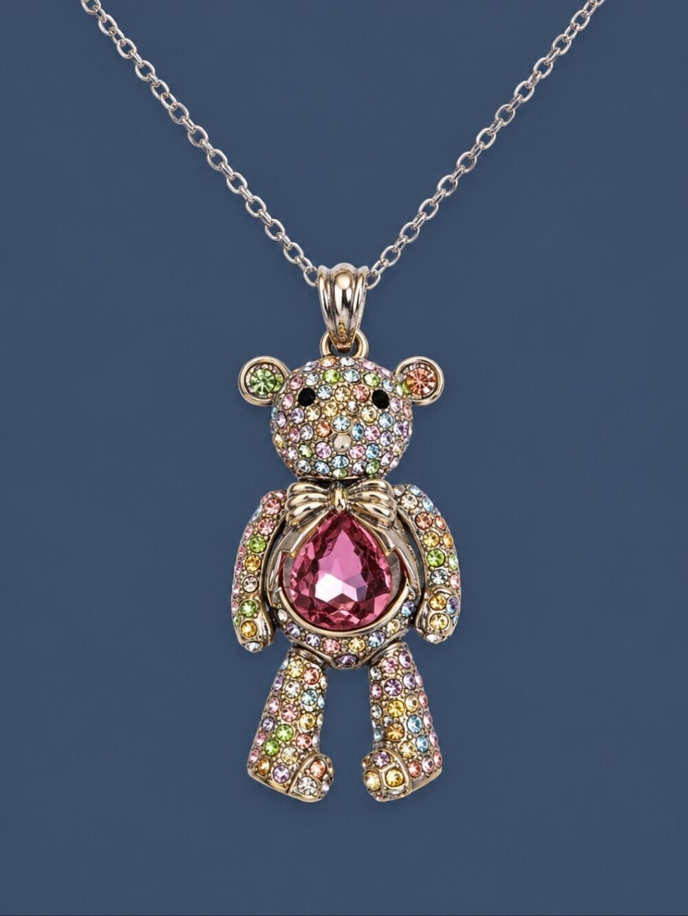 J. Nina Swarovski Crystal Pastel Rainbow Jointed Bear Pendant Necklace